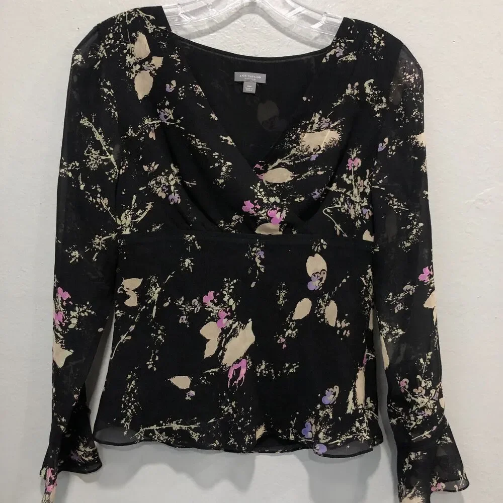 ann taylor 100% silk top xs small black leaves splat sheer chiffon dressy chic - Picture 2 of 14
